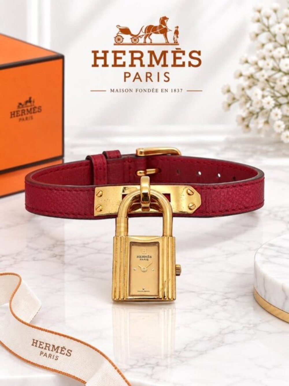 Authentic Hermès Kelly Gold Tone Padlock Red Leather Ladies Watch